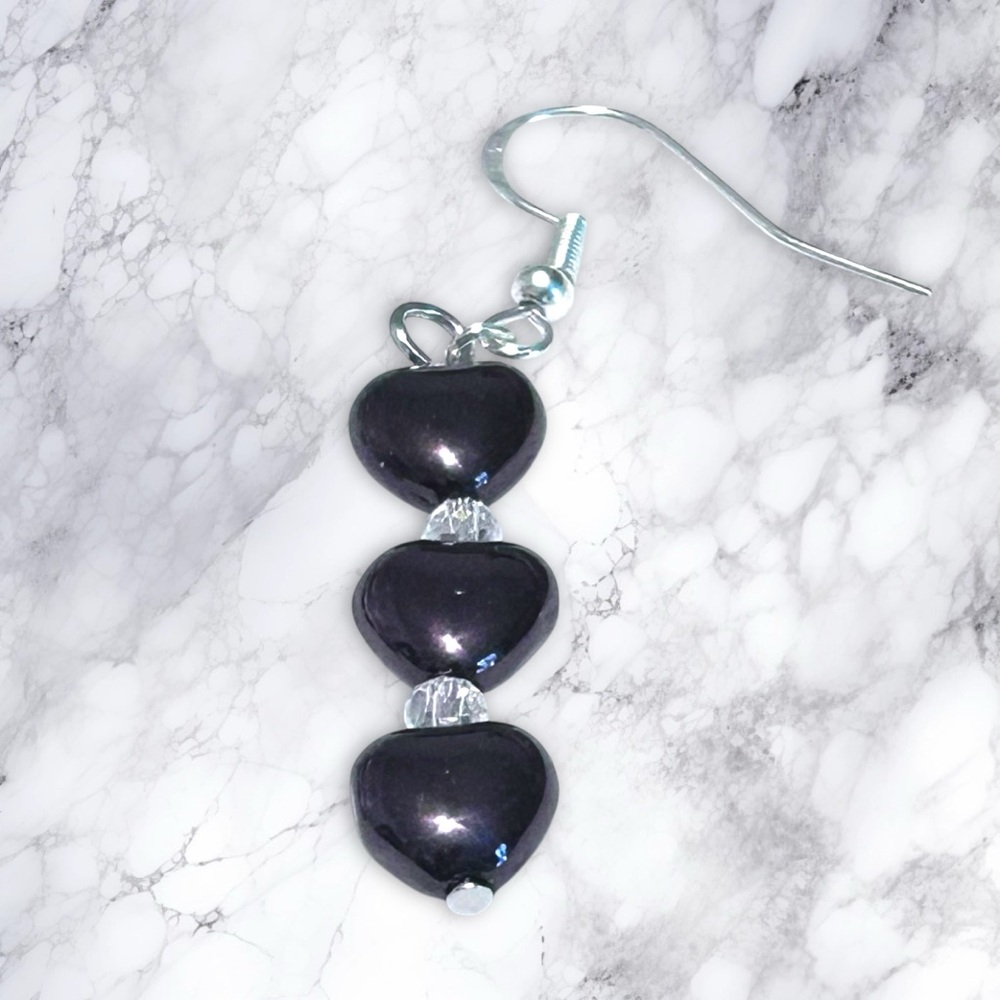 Hand Crafted Purple Heart Earrings Long Dangle Pierced Glass Beads - Picture 3 of 4